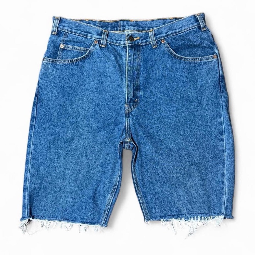 Vintage 90s Orange Tab Levi's Blue Wash Cutoff Denim Jean Shorts 36x9"